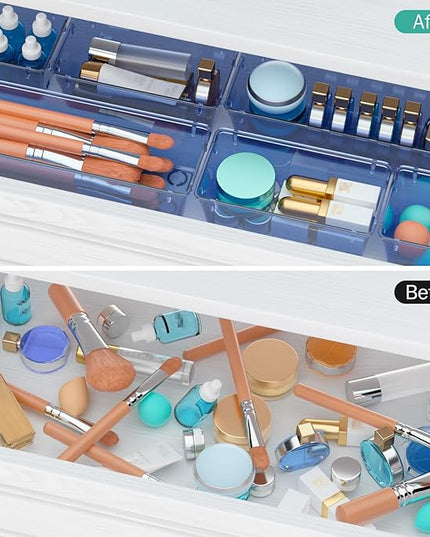WOWBOX 12 Pack Clear Drawer Organizer Set, Acrylic Drawer Storage Trays, Storage Bins for Makeup, Cosmetics, Jewelries, Utensils, Gadgets, Office, Dark Blue