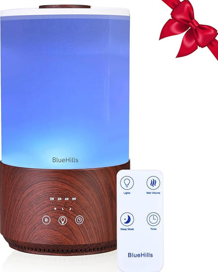 BlueHills Premium 4000 ml Tall Essential Oil Diffuser 4L 4 Liter 50 Hour Run with Remote Timer Aroma Humidifier 1 Gallon Big Capacity High Mist Output for Large Room Lights Dark Wood Grain XL T402