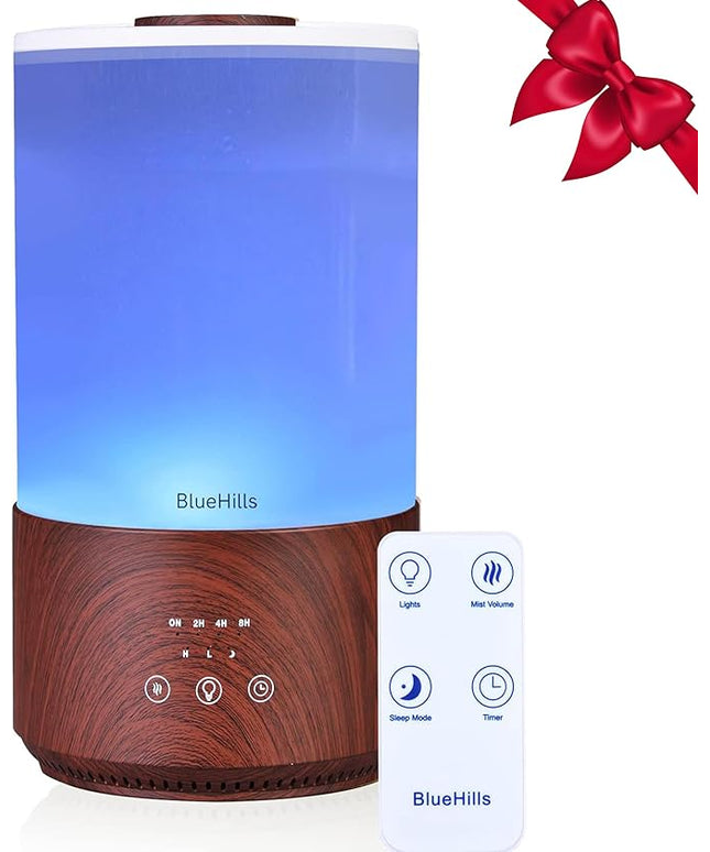BlueHills Premium 4000 ml Tall Essential Oil Diffuser 4L 4 Liter 50 Hour Run with Remote Timer Aroma Humidifier 1 Gallon Big Capacity High Mist Output for Large Room Lights Dark Wood Grain XL T402