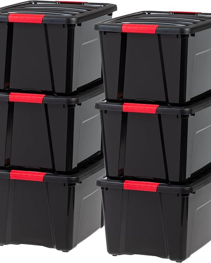 IRIS USA 40 Qt Stackable Plastic Storage Bins with Lids, 6 Pack - BPA-Free, Made in USA - Garage Organizing Solution, Latches, Durable Nestable Containers, Secure Pull Handle - Black