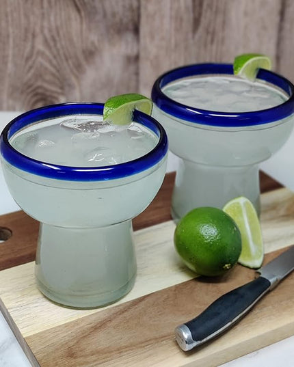 Dos Sueños Mexican Hand Blown Glass – Set of 4 Hand Blown Stemless Blue Rim Margarita Glasses (14oz)