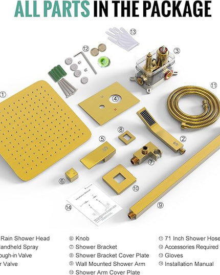 SR SUN RISE 12 Inches Bathroom Luxury Rain Mixer Shower Combo Set Wall Mounted Rainfall Shower Head System Brushed Nickel Finish Shower Faucet Rough-In (12 Inch, Brushed Gold)