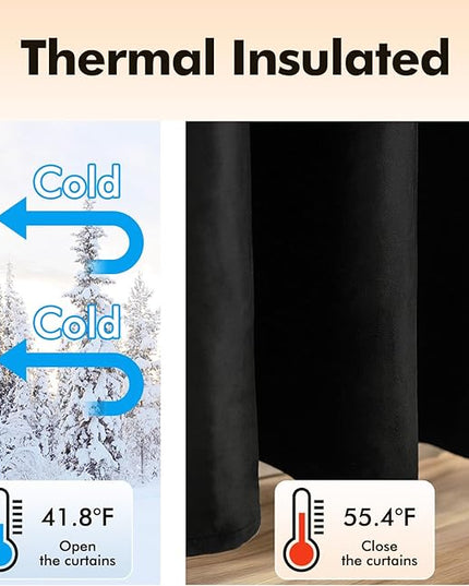 MIULEE Black Out Velvet Curtains 96 Inch Length for Room Darkening Long Blackout Curtains with Grommet Top for Bedroom/Living Room Light Blocking Thermal Insulating Soundproof Set of 2， Black