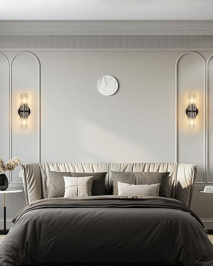 Modern Black Wall Sconces Set of Two Bedroom Crystal Wall Sconces Indoor Sconces Wall Lighting Living Room Sconces with K9 Crystal Lampshade for Bathroom Hallway Entryway Stairway