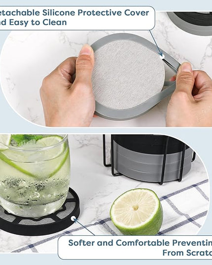 Koluti 6 Pieces Diatomaceous Earth Coasters with Holder, Desk Absorbent Coasters for Drink, with Soft Silicone Cover, 4.0”x 0.5”Water Instant Drying Round Stone Tray for Coffee Table