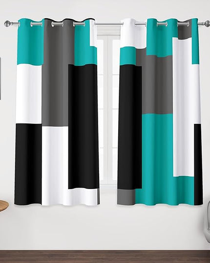 Teal/Turquoise 100% Blackout Curtains 45 inch Length 2 Panels Set Black White Grey Modern Abstract Geometric Drapes for Kitchen Curtains Insulated Room Darkening Small Window Curtains, 52Wx45L