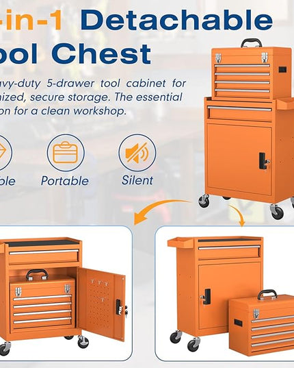 5-Drawers Tool Chest, 2-in-1 Rolling Tool Box with Wheels and Drawers, Detachable Storage Toolbox with Lock, Heavy-Duty Metal Tool Cart for Garage, Workshop (Orange)