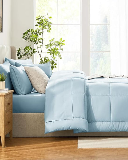 CozyLux Queen Comforter Set Light Blue, 7 Pieces Bed in a Bag, Blue Comforter Queen Size, All Season Bedding Sets with Stitch Quilted Comforter, Flat Sheet, Fitted Sheet, Pillowcases