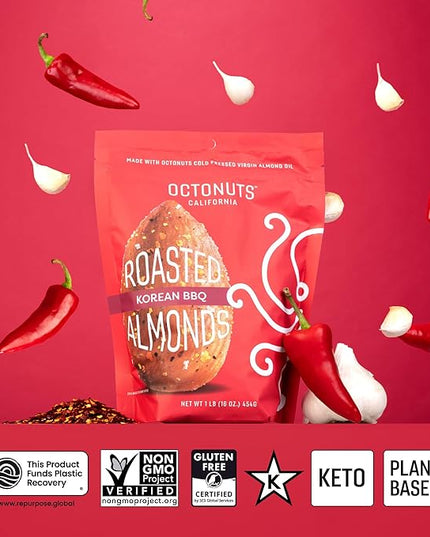 Octonuts Dry Roasted Korean BBQ Almonds – 16oz Resealable Bag - Healthy Snack for Adults and Kids - Plant Protein with Fiber, Calcium & Iron - Low Carb, Low Calorie - Non-GMO, Gluten Free Snacks