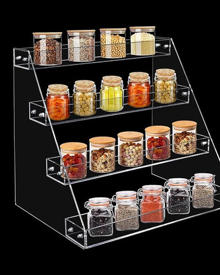PMMASTO Tiered Spice Rack, Seasoning Organizer, Clear Acrylic Vertical Shelves Can Organizer for Countertop, Cabinet, Pantry, Kitchen Organization and Storage - 4 Tier