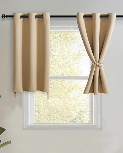 JIUZHEN Short Curtains Kitchen Half Window Blackout Curtains with Tiebacks for Baseroom Shadows, Grommet Curtains for Living Room, Set of 2 Window Curtain Panels, 42 x 36 Inch Length，Beige