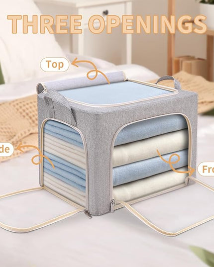combocube 3-Side Zippered Openings Clothes Storage Bins with Thick Metal Frame, Stackable & Foldable Clothing Storage Bins with Lid, Linen Fabric Closet Storage Box with Large Clear Window, 3 Pack