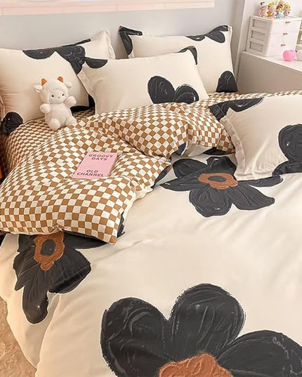 Houseri Black Floral Comforter Set Twin Beige 3D Floral Bedding Comforter Sets Twin Size for Toddler Girls Kawaii Flowers Comforter Cute Relief Print Bedding Beige White Flower Bedding Set Twin