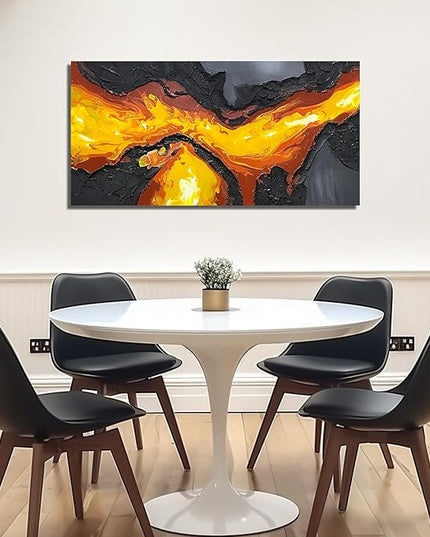 GUGIKA Abstract Wall Art for Living Room, Hand Painted 3D Textured Magma Paintings, Black and Gold Yellow Volcanic Lava Canvas Wall-Decor for Bedroom, Size 40 x 20 Inches