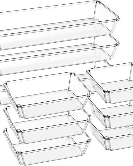 9 Pack Large Clear Plastic Drawer Organizer Trays, Desk Drawer Organizers and Storage Dividers, Non-Slip Storage Bins for Jewelry, Snacks, Office, Bathroom, Bedroom and Kitchen