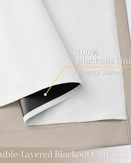 Yakamok 100% Blackout Curtain Panels 96 inches Cold and Light Blocking Drapes for Nursery, 2 Thick Layers Thermal Insulated Draperies (2 Pieces, 50 Wide Each Panel, Natural Front with White Backing)
