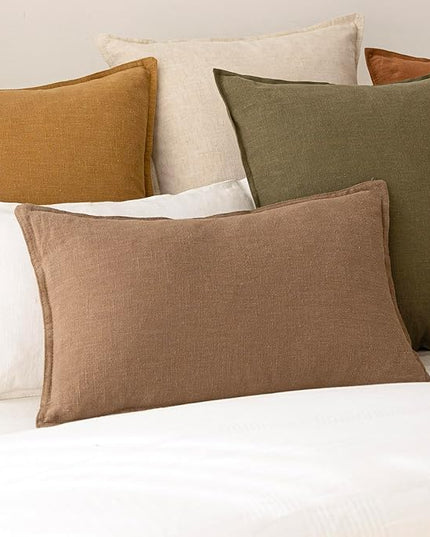 Foindtower Pack of 2, Decorative Linen Soild Throw Pillow Covers Soft Accent Lumbar Cushion Case Boho Farmhouse Pillowcase for Couch Sofa Bedroom Living Room Home Decor 12 x 20 Inch Light Brown