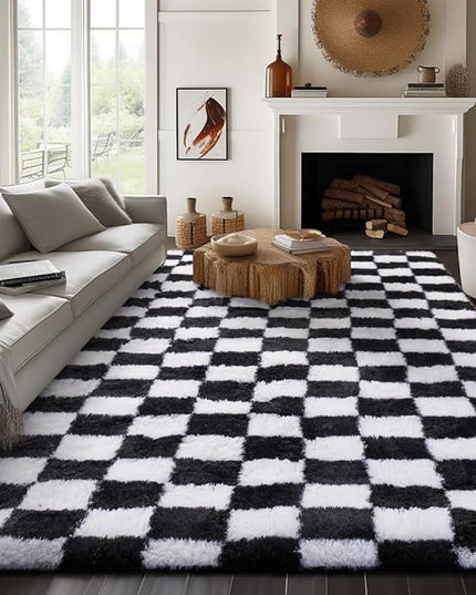 Ophanie Checkered Black & White Rug for Living Room Bedroom, Fluffy Soft Cute Fuzzy Area Rugs, Shag Plush Shaggy Bedside Floor 8x10 Furry Carpet for Kids Baby Teen Dorm Nursery Home Decor Aesthetic