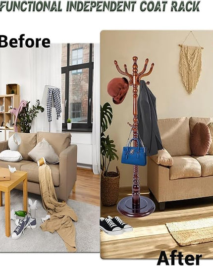 73" Wooden Coat Rack Stand,Coat Racks Freestanding With 11 Hooks And Solid Round Base Heavy Duty Adjustable Height Hall Tree Coat Rack for Entryway Hallway Foyer Office Bedroomf (Antique Color)