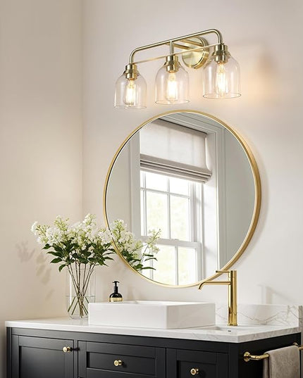 3 Light Gold Vanity Lights for Bathroom, Bathroom Light Fixtures Over Mirror with Clear Glass Shade, Ceramic E26 Sockets Wall Mounted