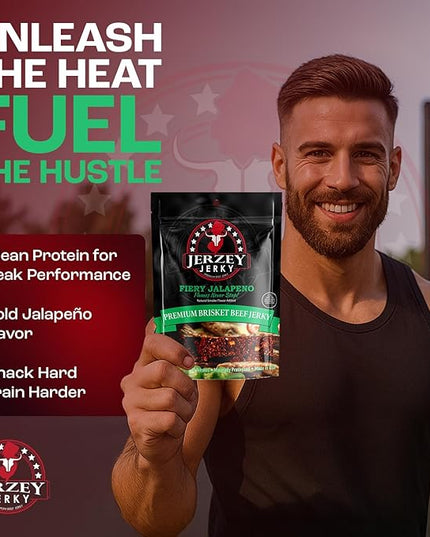 Jerzey Jerky Fiery Jalapeno Brisket Jerky 2.5oz – High Protein, Gluten Free and Healthy Beef Snacks with Rich, Authentic Flavor