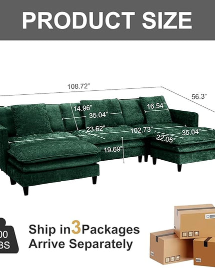 Modular Sectional Sofa,143.31'' Modern Sofa Sleeper Couch,Comfy Cloud Couches with 3 Seat & 2 Ottoman & 3 Pillows Sofa Set,Deep Seat Sofa with Movable Ottoman for Living Room,Chenille(Green, U Shaped)