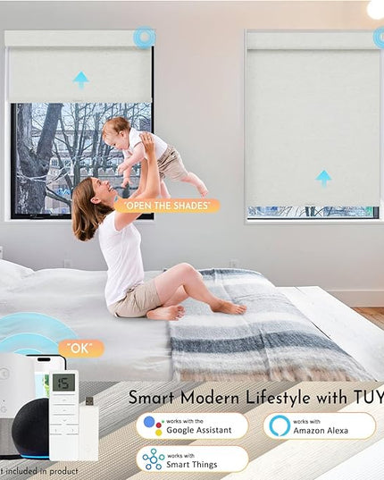 Persilux Smart Motorized Blinds with Remote, No Drill Automatic Roller Shades for Indoor Windows, Blackout Linen Fabric, Electric Blinds for Windows, Weave Mat C162BO-2, Custom Size