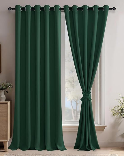 JIUZHEN Forest Green Blackout Curtains with Tiebacks, Light Blocking and Noise Reducing Grommet Curtains for Bedroom and Living Room, Set of 2 Window Curtain Panels, 60 x 96 Inch Length