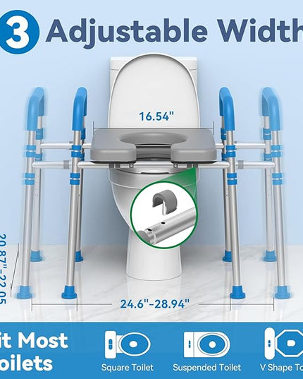 Raised Toilet Seat with Handles, Padded Toilet Seat Risers for Seniors, Adjustable Height & Width Toilet Riser, Handicap Elevated Toilet Seat 500lb, Fit Any Toilet