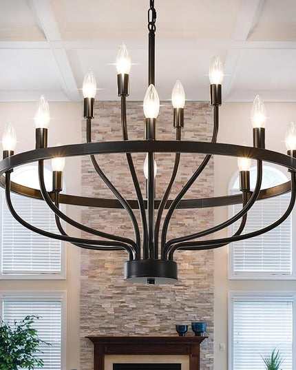 28 Inch Black Chandeliers for Dining Room 12 Light Black Dining Room Light Fixture, Large Industrial Farmhouse Chandelier Rustic Candle Chandeliers for Hallway, Entryway,Office,Bar