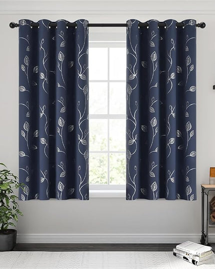 BUHUA Room Darkening Curtains 63 Inch Length, Window Treatments for Living Room Grommet Curtains with Silver Leaf Foil Design (52 x 63 Inch,Navy Blue,Set of 2)