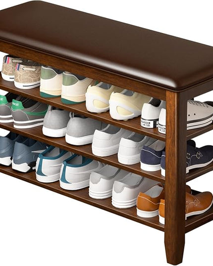 Entryway Shoe Storage Bench with Leather Cushion, Shoe Organizer Bench for Entryway, Ideal for Hallways Front Doors Entrances Mudrooms Featuring Rubberwood And 3 Height-Adjustable and Removable Shelve