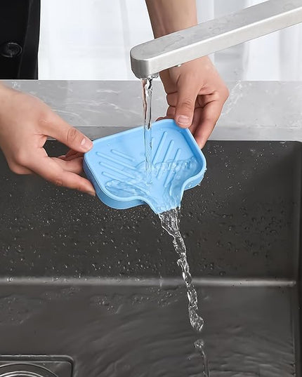 Silicone Bathroom Soap Dishes with Drain Spout-Bathroom and Kitchen Sink Organizer,Sponge Holder,Dish Soap Tray,Perfect for Dispenser,Scrubber,Bottle on Sink or Counter-Light Blue 4.9"×3.2"