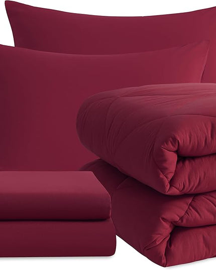 NTBAY Twin Comforter Set with Sheets, 5 Pieces Soft and Breathable Twin Bedding Set, Twin Bed in a Bag, Down Alternative Comforter Set Solid Color All Season, Kids Bedding Set, Wine Red
