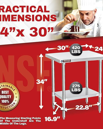 DuraSteel 24x30 Stainless Steel Work Table - NSF Commercial Prep Metal Table - Outdoor Pizza Oven Stand w/Under Shelf - Kitchen Island Laundry Utility Garage Microwave Stand Large Rolling Storage Cart