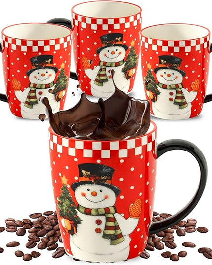 HASENSE Coffee Mugs, 15 OZ Coffee Cups Ceramic Set of 4 with Handle and Snowman Patterns for Man Woman, Colorful Christmas Porcelain Coffee Cups Set for Tea, Cocoa, Milk, Latte and Cappuccino