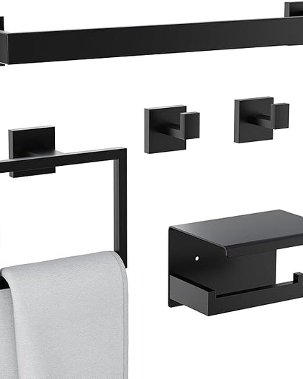 5-Pieces Bathroom Hardware Set, SUS304 Stainless Steel Wall Mounted 16 Inch Towel Bar, Toilet Paper Holder, Towel Hooks, Bathroom Towel Bar Set (Matte Black (Type 2), 5 Piece-16 inch)