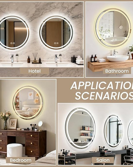 LED Bathroom Mirror 32 Inch Round Bathroom Mirror with Lights, Circle Wall Mirror with 3 Colors Brightness, Anti-Fog for Bathroom Vanity, Entryway Living Room