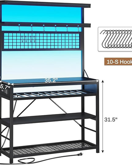 Itaar Bakers Rack with Power Outlet, 6-Tier Coffee Bar, Microwave Stand with Wine Rack, LED Lights and 10 Hooks, Bakers Racks for Kitchens with Storage, Black