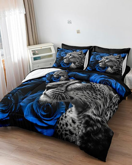 Merryword 8 Pieces Cheetah Leopard Bed in a Bag Blue Rose Comforter Set King Size Blue Flower Bedding Tiger Lion Wild Animal Comforter Set