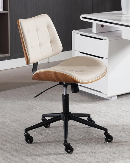 Home Office Desk Chair with Wheels, Adjustable Height Armless Office Chair, PU Leather Mid Back 360° Small Computer Chair, Modern Walnut Chair No Arms for Office, Reading Meeting Room(Beige)