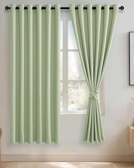 JIUZHEN Light Green Blackout Curtains with Tiebacks Thermal Insulated, Light Blocking and Noise Reducing Grommet Curtains for and Living Room, Set of 2 Window Curtain Panels, 70 x 72 Inch Length