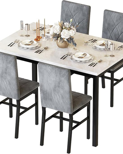 Hooseng Dining Table Set for 4 Faux Marble Kitchen Table and Chairs Set of 4,5 Piece with Velvet Upholstered Dinner Chairs for Compact Dining Room,Small Space,Grey