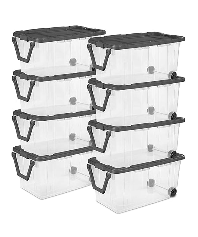 Sterilite 8-Pack Modular Stacker Box, Durable Clear Plastic Storage Bins with Latching Lids, 40 Quart - Stackable Organizing Container Boxes for Closet, Bathroom, and Office