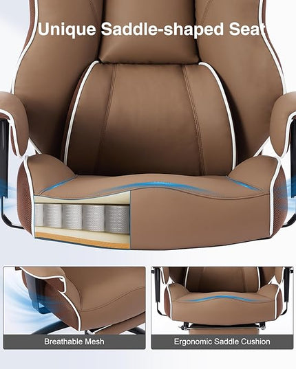 DJ·Wang Big and Tall Office Chair with Foot Rest, High Back Executive Office Chair PU Leather, Ergonomic Chairs with Lumbar Support, 135° Reclining Chairs with Thickened Spring Cushion Brown