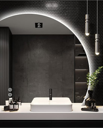 36" x 36" Half Moon LED Mirror for Bathroom, Backlit Lighted, Irregular 1/4 Round Lighted Mirror for Wall, Frameless Mirror for Vanity, Anti-Fog, Dimmable, CRI≥93, UL-Listed