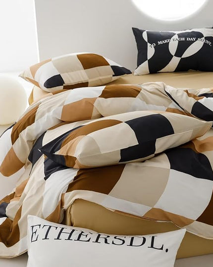 Luxlovery Beige Plaid Comforter Set Queen White Brown Plaid Bedding Comforter Checkered Geometric Blanket Quilts Soft Breathable Modern Abstract Comforter with 2 Pillowcases