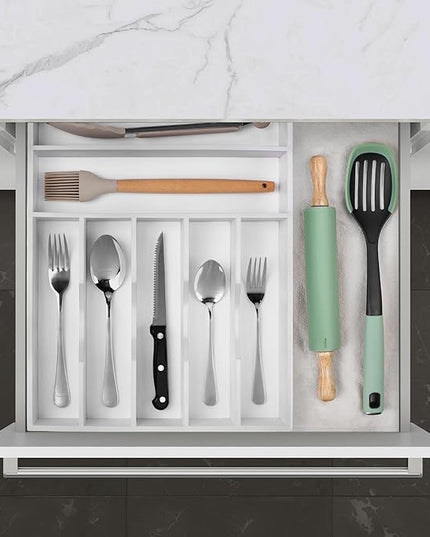 Kitchen Bamboo Silverware Organizer, Kitchen Drawer Organizer - Utensil Holder and Cutlery Tray with Grooved Drawer Dividers for Flatware 7 Slot, White