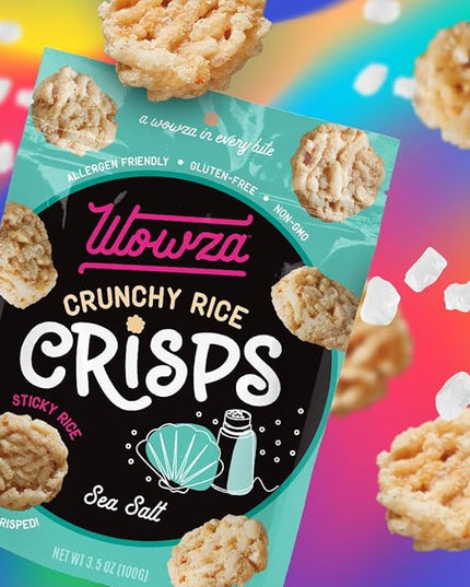 Wowza Sea Salt - Healthy Snacks, Mini Rice Cakes, Sticky Rice Crunchy Snack, Low Calorie, Savory Rice Crisp - Ideal Healthy Snack for Adults & Kids, 3.5 oz Bag, 8 Pack