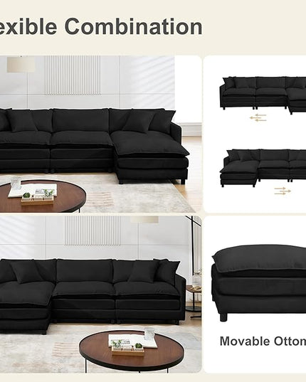 Modular Sectional Sofa,108.27'' Modern Corduroy Sofa Set for Living Room with 3 Seat & 1 Ottoman & 3 Pillows, Comfy Cloud Couches with Movable Ottoman, DIY Combination, Chenille (Black, L Shaped)